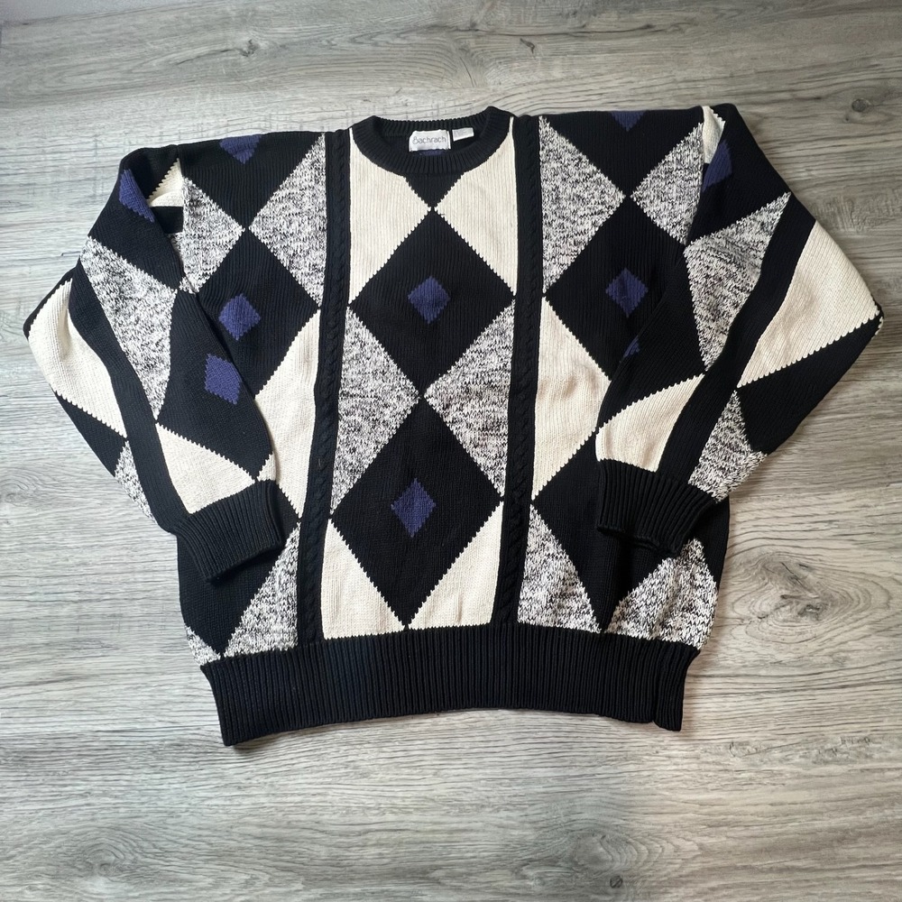 Bachrach Sweater Men XL Black White Argyle Geometric Cotton Vintage 90s Crewneck